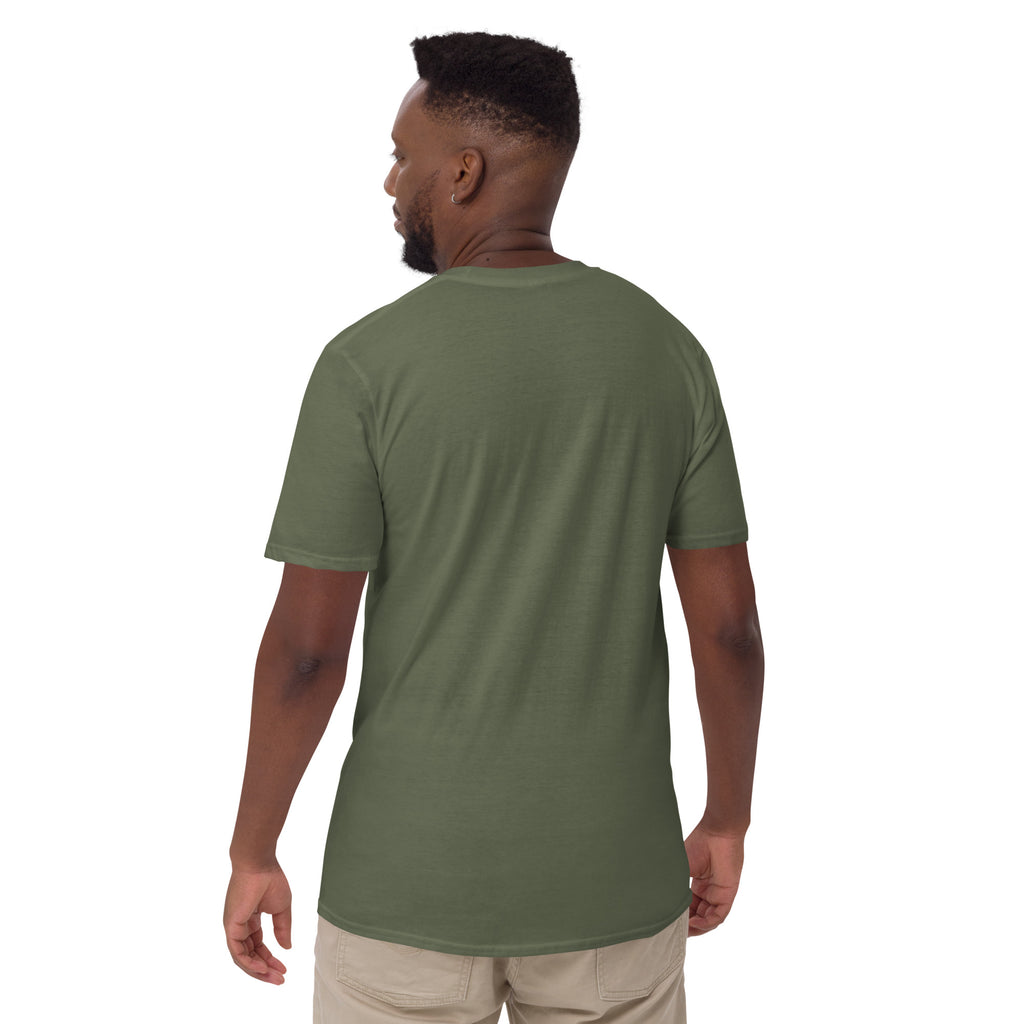Model showing plain back of muted olive green Bonsai Life Co. T-shirt