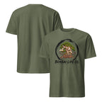 Front and back of muted olive green T-shirt with green bonsai and pirate skull graphic inside a black circle with Bonsai Life Co. lettering on front and plain back
