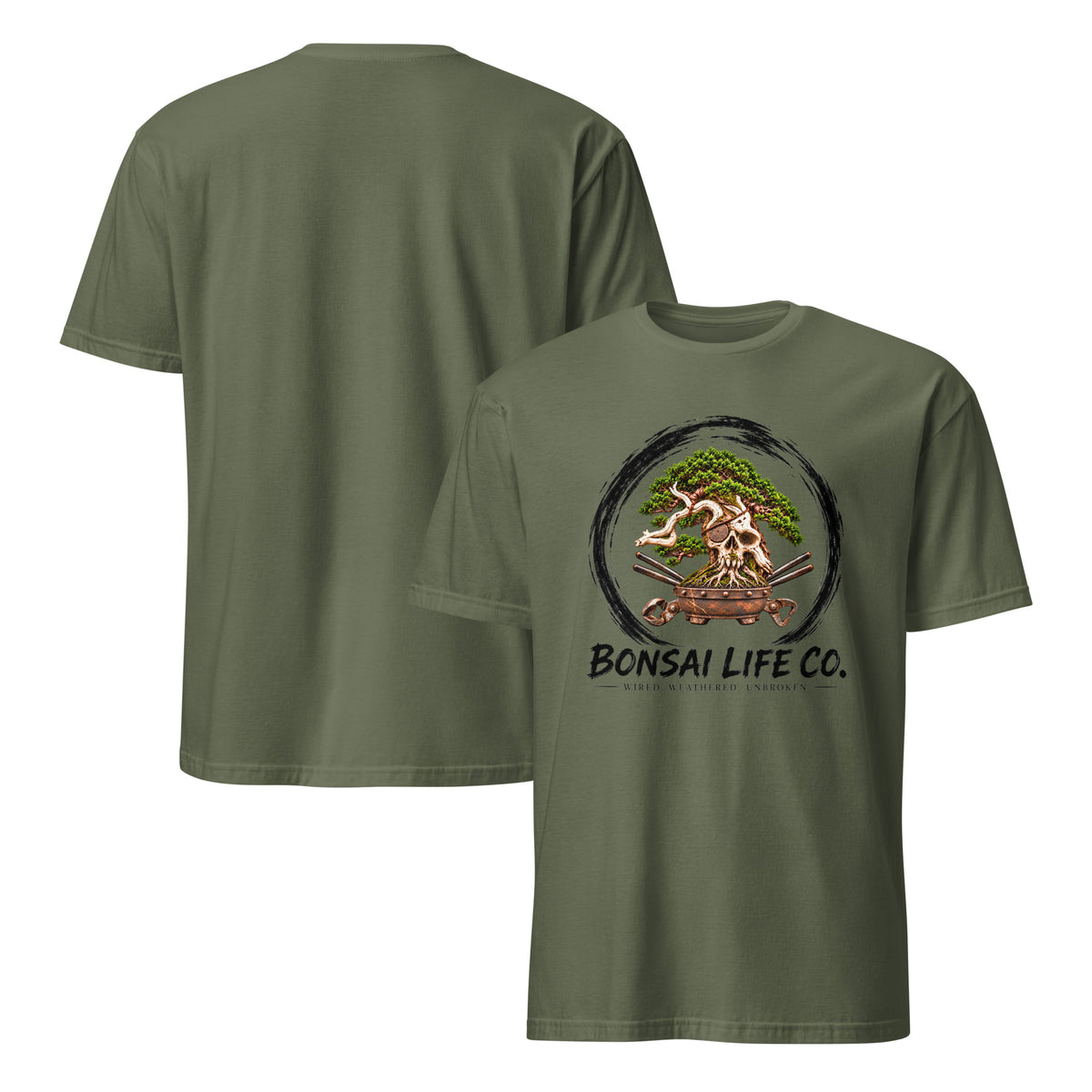 Front and back of muted olive green T-shirt with green bonsai and pirate skull graphic inside a black circle with Bonsai Life Co. lettering on front and plain back