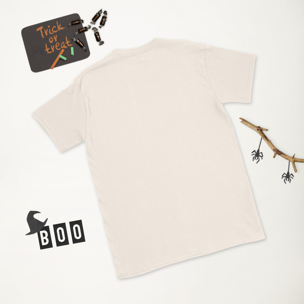 Plain back of cream Bonsai Life Co. T-shirt in a white Halloween flat lay