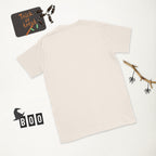 Plain back of cream Bonsai Life Co. T-shirt in a white Halloween flat lay