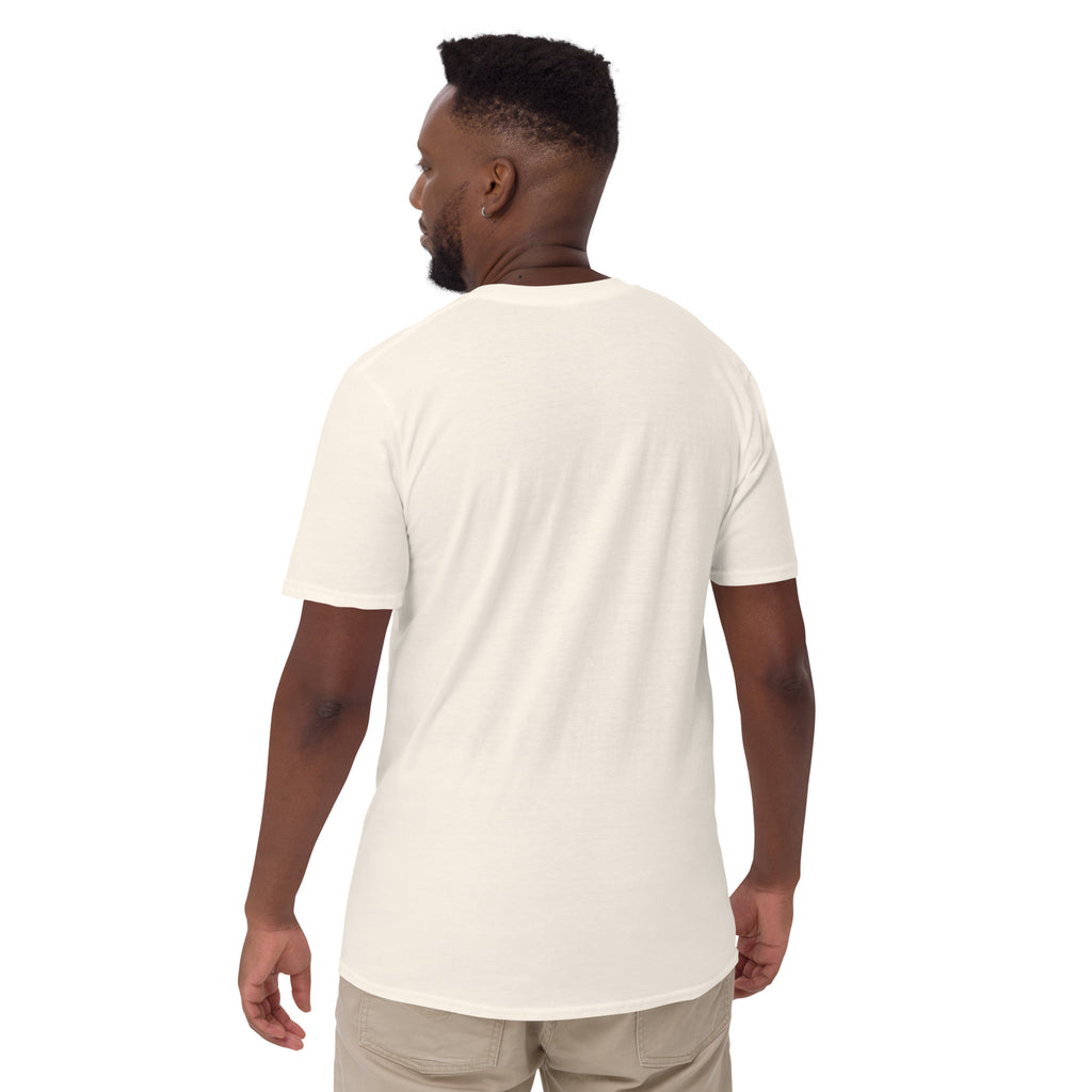 Model showing plain back of cream Bonsai Life Co. T-shirt
