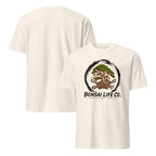 Front and back of cream T-shirt with green bonsai and pirate skull graphic inside a black circle with Bonsai Life Co. lettering on front and plain back