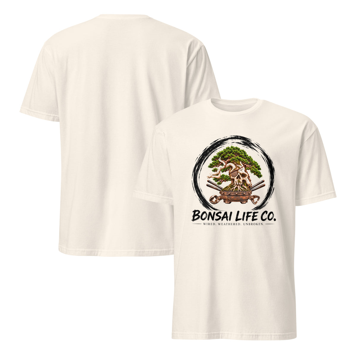 Front and back of cream T-shirt with green bonsai and pirate skull graphic inside a black circle with Bonsai Life Co. lettering on front and plain back