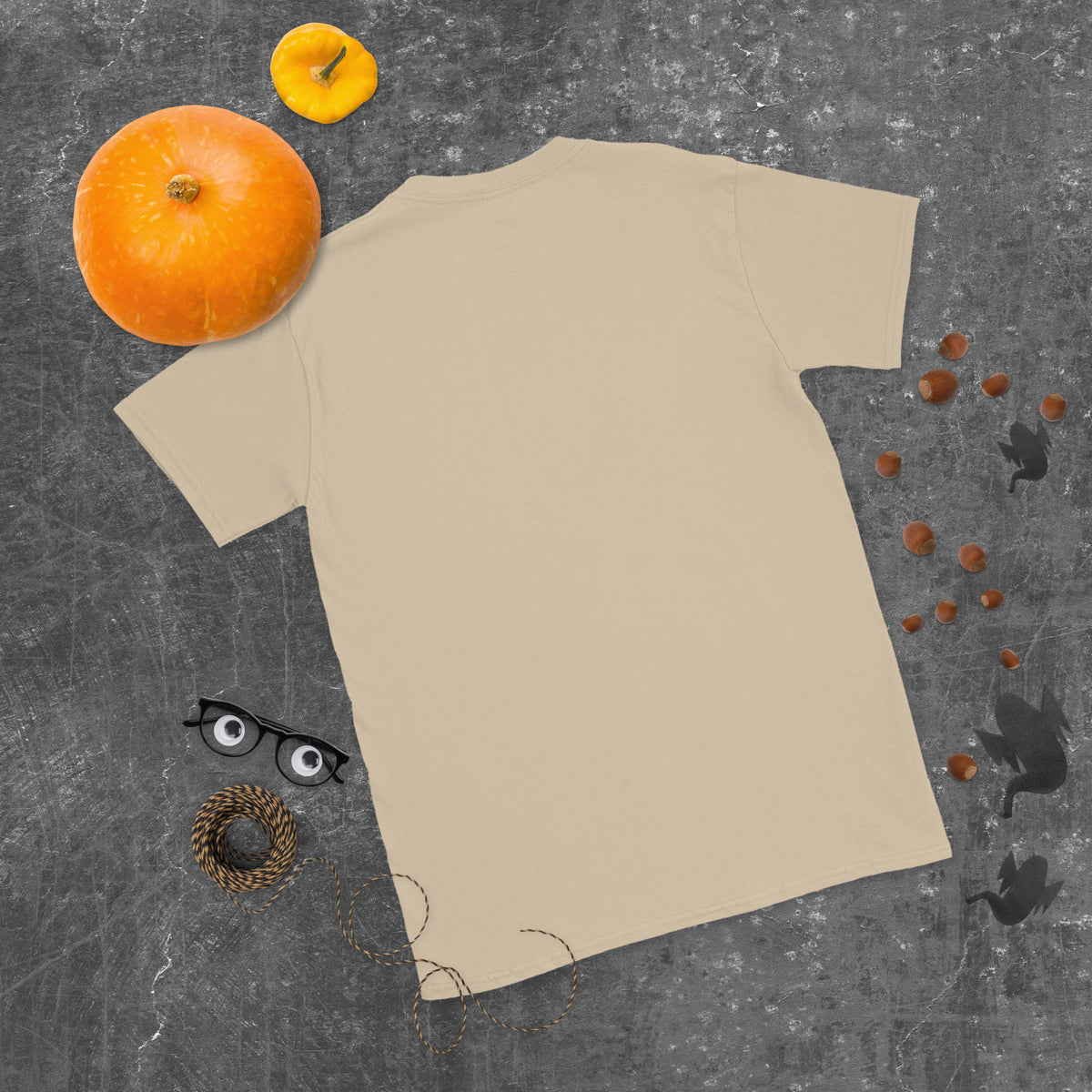Plain back of sand beige Bonsai Life Co. T-shirt in a gray flat lay with pumpkins