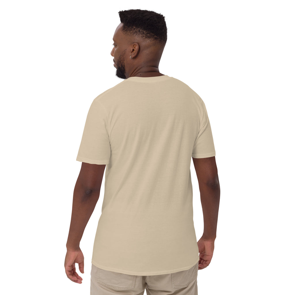 Model showing plain back of sand beige Bonsai Life Co. T-shirt