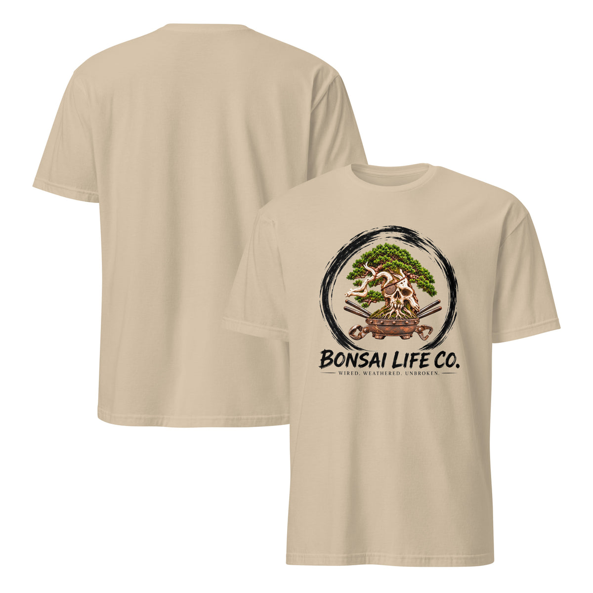 Front and back of sand beige T-shirt with green bonsai and pirate skull graphic inside a black circle with Bonsai Life Co. lettering on front and plain back