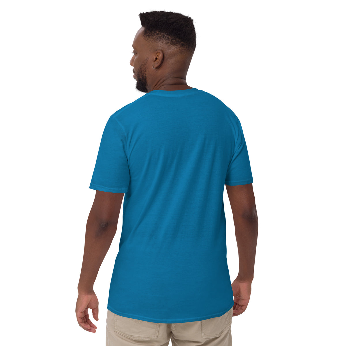 Model showing plain back of sapphire blue Bonsai Life Co. T-shirt