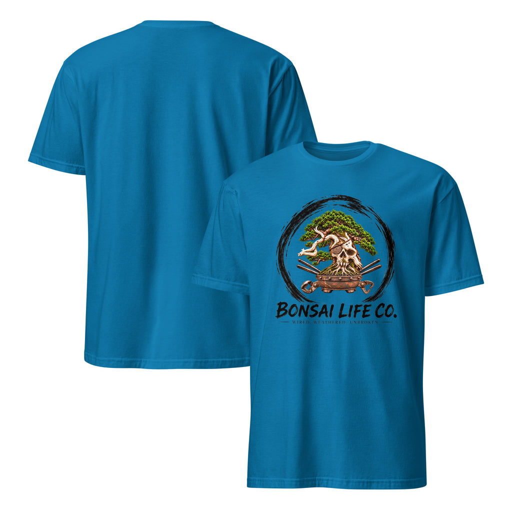 Front and back of sapphire blue T-shirt with green bonsai and pirate skull graphic inside a black circle with Bonsai Life Co. lettering on front and plain back