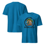 Front and back of sapphire blue T-shirt with green bonsai and pirate skull graphic inside a black circle with Bonsai Life Co. lettering on front and plain back