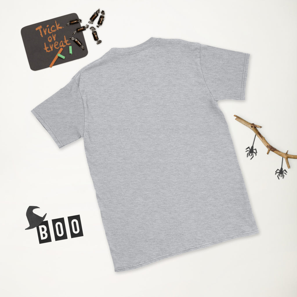 Plain back of heathered light gray Bonsai Life Co. T-shirt in a white Halloween flat lay