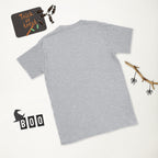 Plain back of heathered light gray Bonsai Life Co. T-shirt in a white Halloween flat lay