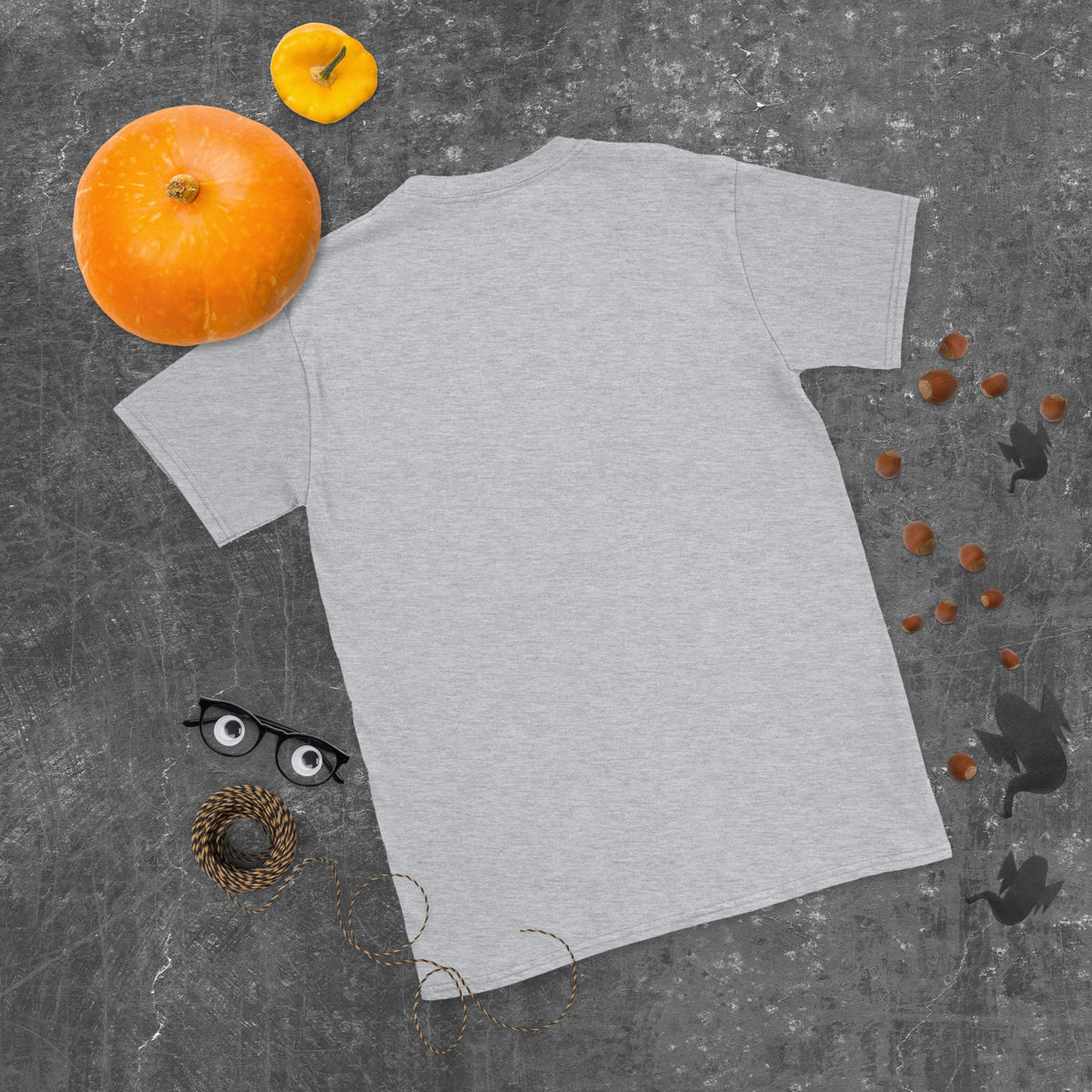 Plain back of heathered light gray Bonsai Life Co. T-shirt in a gray flat lay with pumpkins