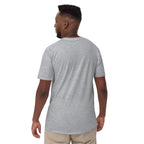 Model showing plain back of heathered light gray Bonsai Life Co. T-shirt