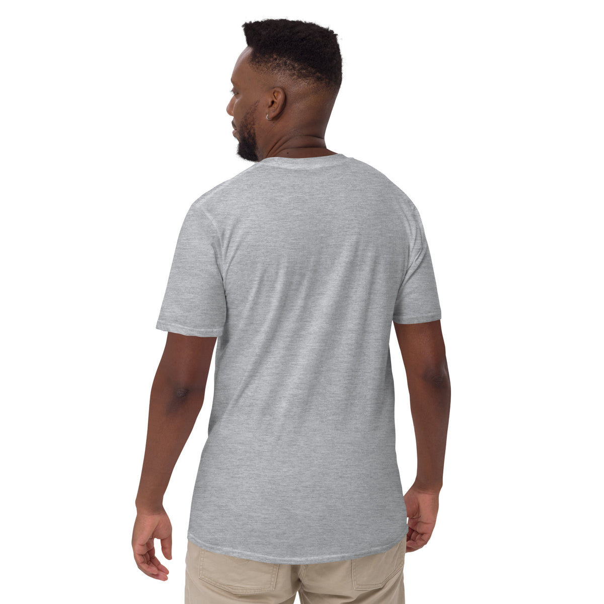 Model showing plain back of heathered light gray Bonsai Life Co. T-shirt