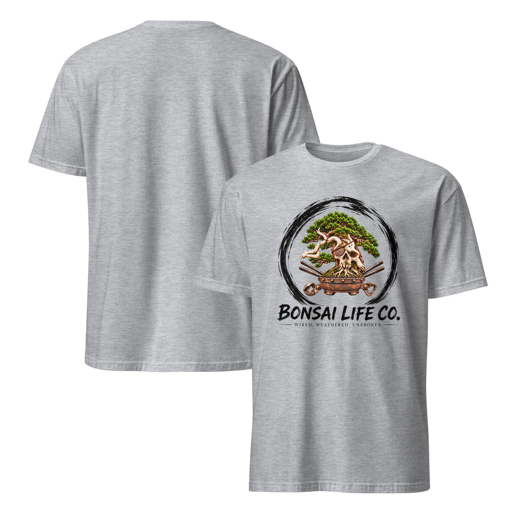Front and back of heathered light gray T-shirt with green bonsai and pirate skull graphic inside a black circle with Bonsai Life Co. lettering on front and plain back
