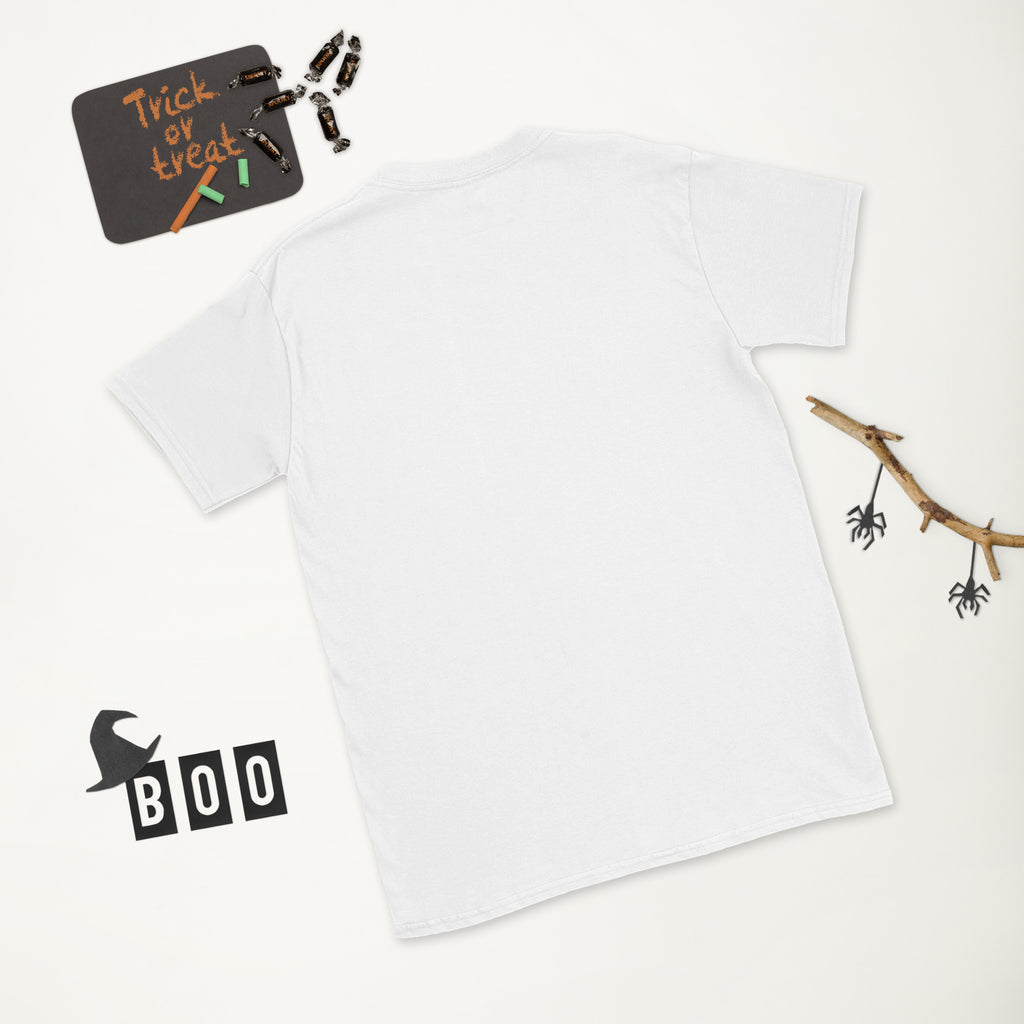 Plain back of white Bonsai Life Co. T-shirt in a white Halloween flat lay