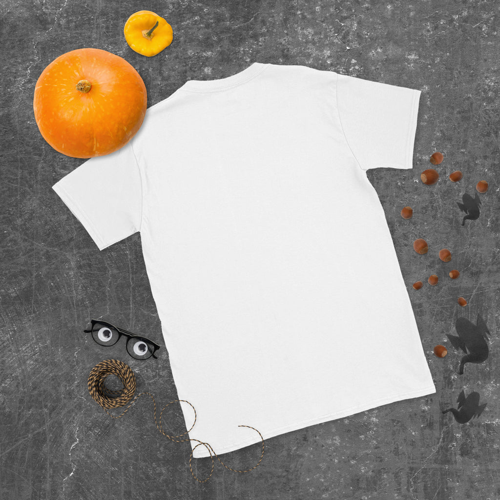 Plain back of white Bonsai Life Co. T-shirt in a gray flat lay with pumpkins