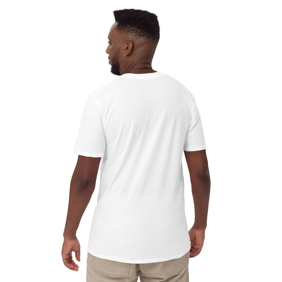 Model showing plain back of white Bonsai Life Co. T-shirt