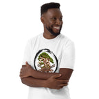Model wearing white T-shirt with green bonsai and pirate skull graphic inside a black circle with Bonsai Life Co. lettering, arms-crossed close view