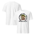 Front and back of white T-shirt with green bonsai and pirate skull graphic inside a black circle with Bonsai Life Co. lettering on front and plain back