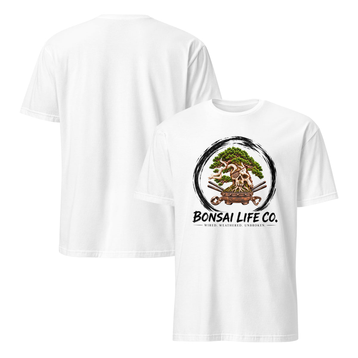 Front and back of white T-shirt with green bonsai and pirate skull graphic inside a black circle with Bonsai Life Co. lettering on front and plain back