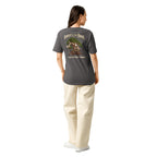 Model showing back of charcoal gray T-shirt with green bonsai and pirate skull graphic with "Bonsai to the Bone" lettering