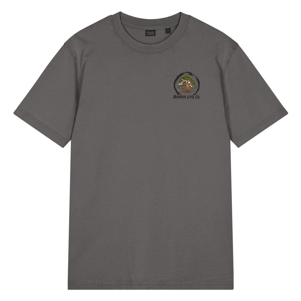 Front of charcoal gray T-shirt with small circular bonsai pirate skull chest emblem