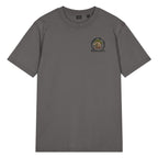Front of charcoal gray T-shirt with small circular bonsai pirate skull chest emblem