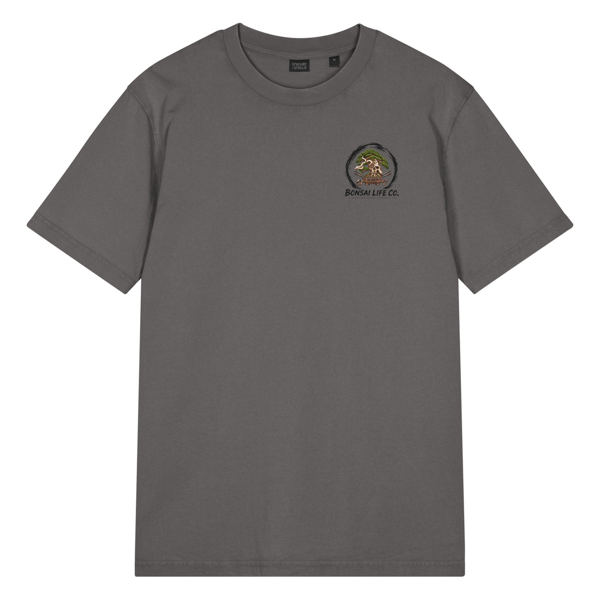 Front of charcoal gray T-shirt with small circular bonsai pirate skull chest emblem