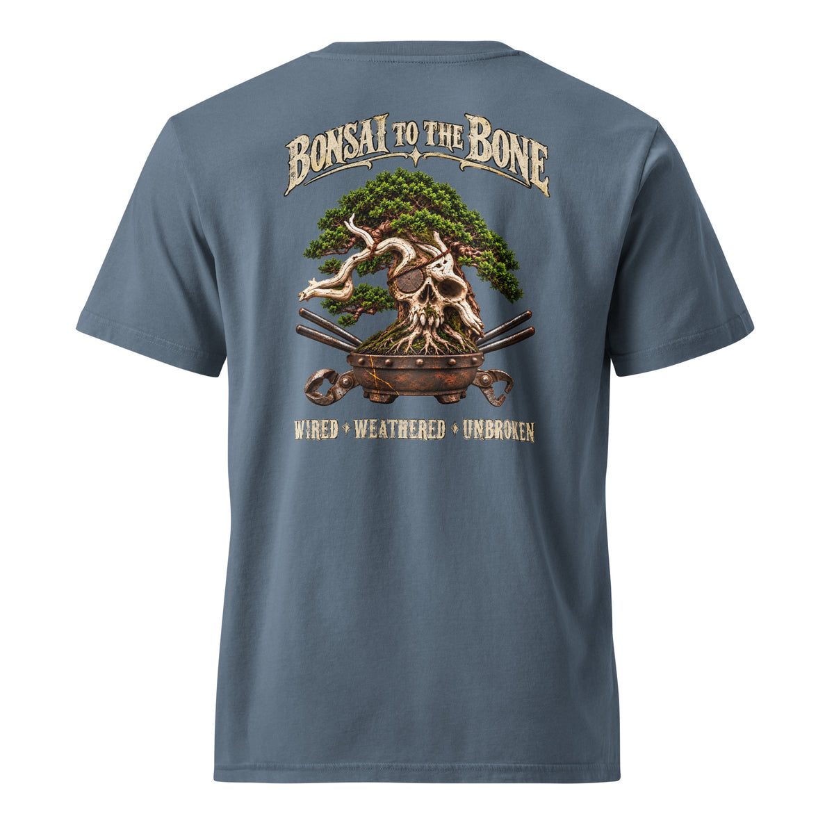 Back of muted blue T-shirt with green bonsai and pirate skull graphic with "Bonsai to the Bone" lettering