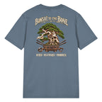 Back of muted blue T-shirt with green bonsai and pirate skull graphic with "Bonsai to the Bone" lettering