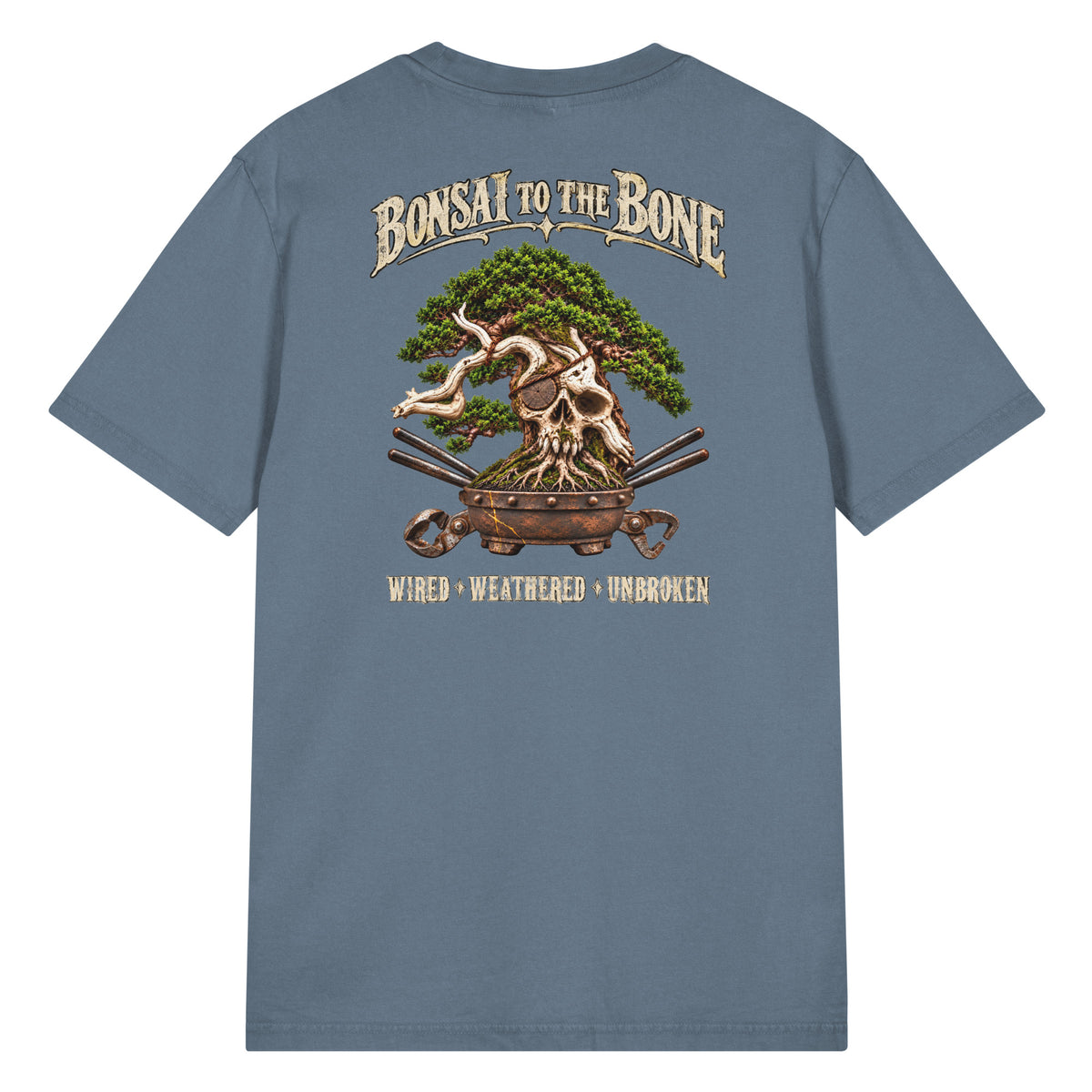 Back of muted blue T-shirt with green bonsai and pirate skull graphic with "Bonsai to the Bone" lettering