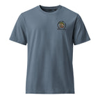 Front of muted blue T-shirt with small circular bonsai pirate skull chest emblem