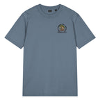 Front of muted blue T-shirt with small circular bonsai pirate skull chest emblem