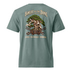 Back of muted sage green T-shirt with green bonsai and pirate skull graphic with "Bonsai to the Bone" lettering