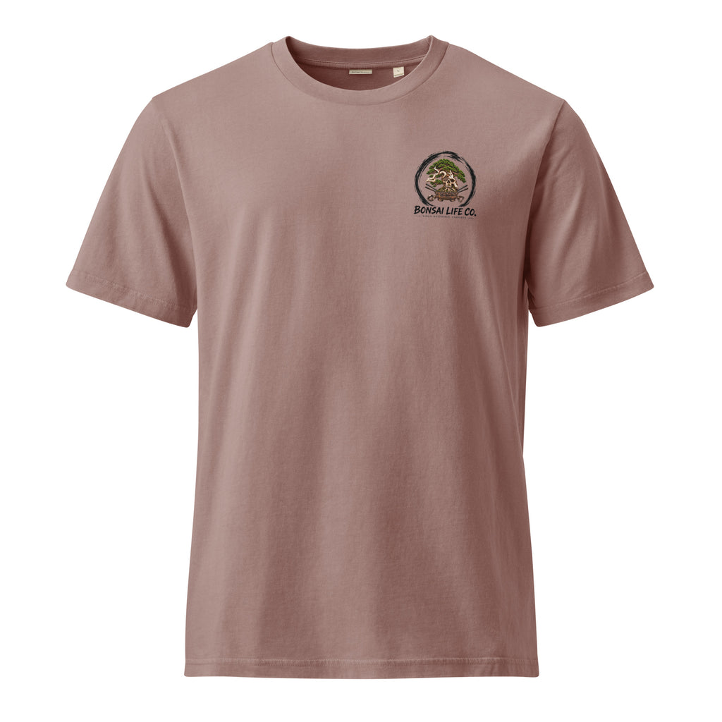 Front of dusty brown T-shirt with small circular bonsai pirate skull chest emblem