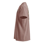 Left side view of dusty brown T-shirt showing sleeve and edge of the back graphic