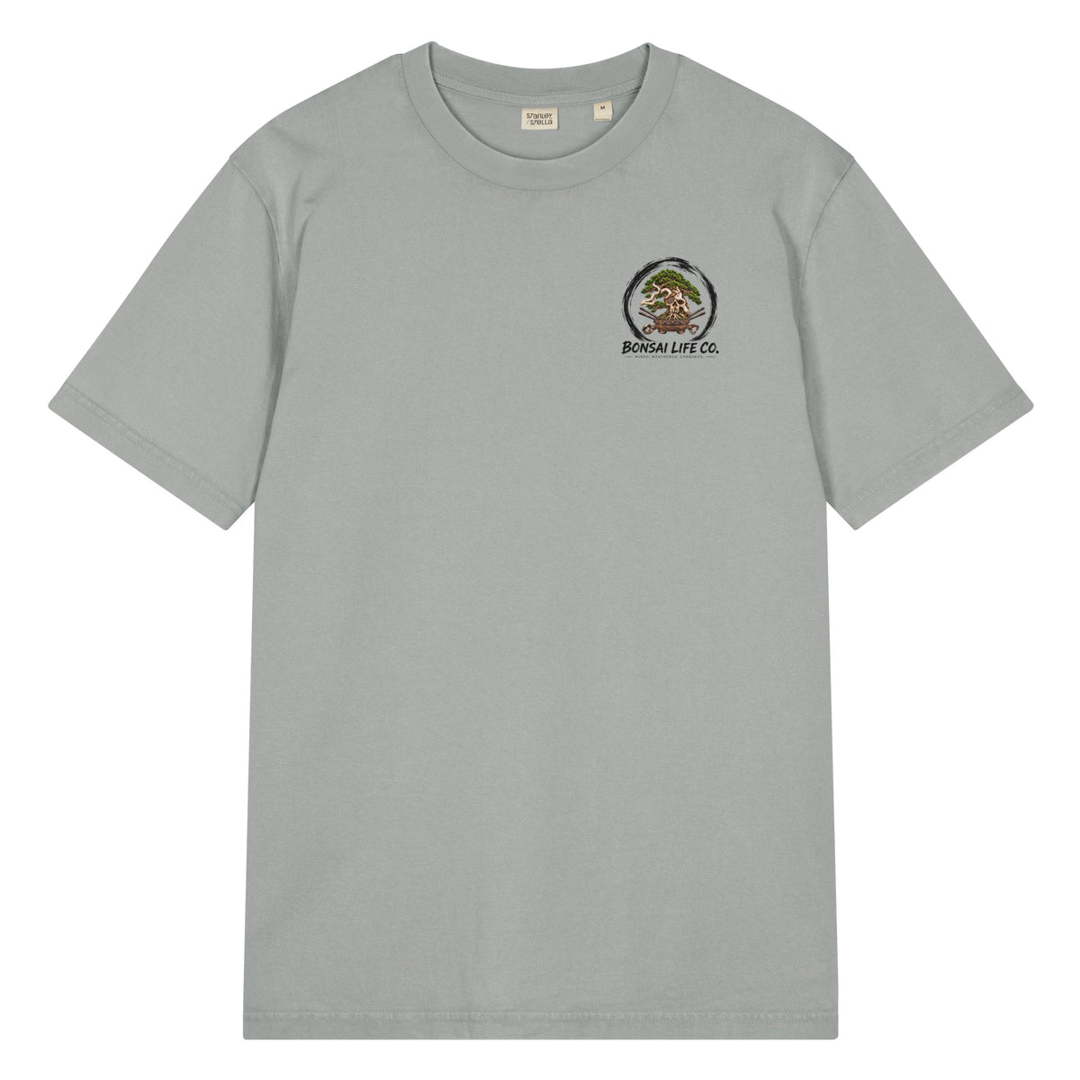 Front of light gray T-shirt with small circular bonsai pirate skull chest emblem