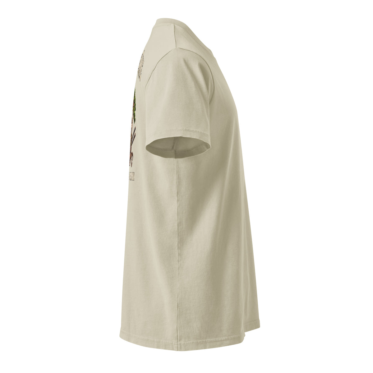 Right side view of stone beige T-shirt showing sleeve and edge of the chest emblem