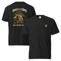 Front and back of black T-shirt with small bonsai pirate skull chest emblem and large green bonsai and skull back graphic reading "Bonsai to the Bone"