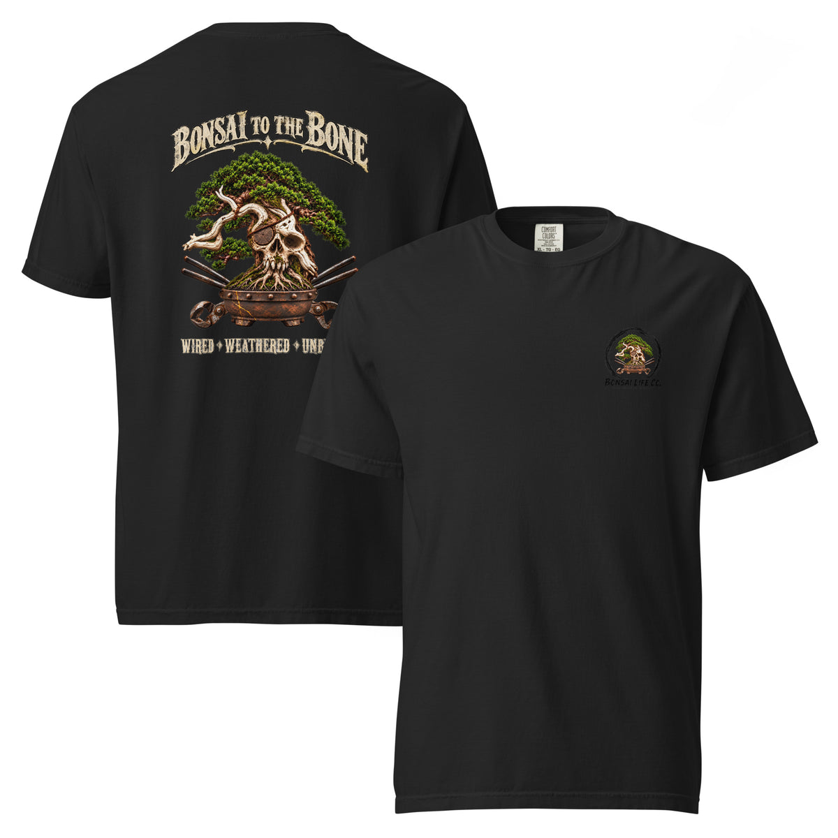 Front and back of black T-shirt with small bonsai pirate skull chest emblem and large green bonsai and skull back graphic reading "Bonsai to the Bone"