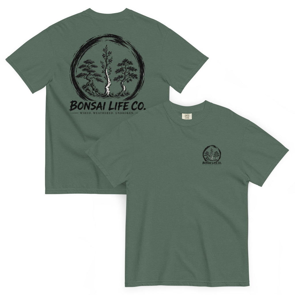 Front and back of muted blue-green T-shirt with small circular Three Trees chest logo and large black Three Trees circle and Bonsai Life Co. lettering on back