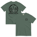 Front and back of muted blue-green T-shirt with small circular Three Trees chest logo and large black Three Trees circle and Bonsai Life Co. lettering on back