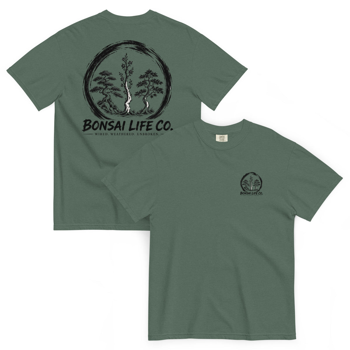 Front and back of muted blue-green T-shirt with small circular Three Trees chest logo and large black Three Trees circle and Bonsai Life Co. lettering on back