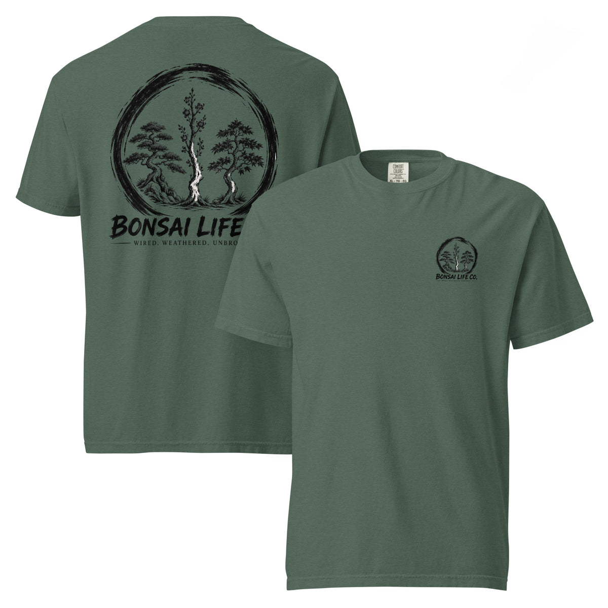 Front and back of muted blue-green T-shirt with small circular Three Trees chest logo and large black Three Trees circle and Bonsai Life Co. lettering on back