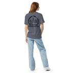 Model showing back of slate blue T-shirt with large black Three Trees circle and Bonsai Life Co. lettering