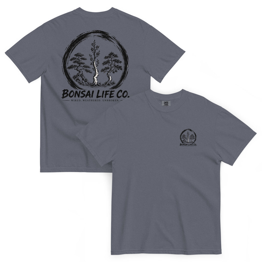 Front and back of slate blue T-shirt with small circular Three Trees chest logo and large black Three Trees circle and Bonsai Life Co. lettering on back