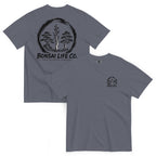 Front and back of slate blue T-shirt with small circular Three Trees chest logo and large black Three Trees circle and Bonsai Life Co. lettering on back