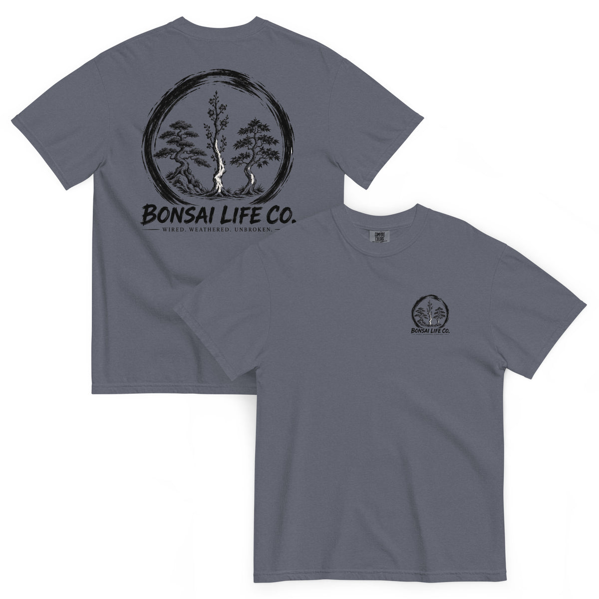 Front and back of slate blue T-shirt with small circular Three Trees chest logo and large black Three Trees circle and Bonsai Life Co. lettering on back
